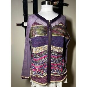 Kaktus Womens Mixed Media Zip Up Cardigan Purple Boho Knit Mesh Size Medium